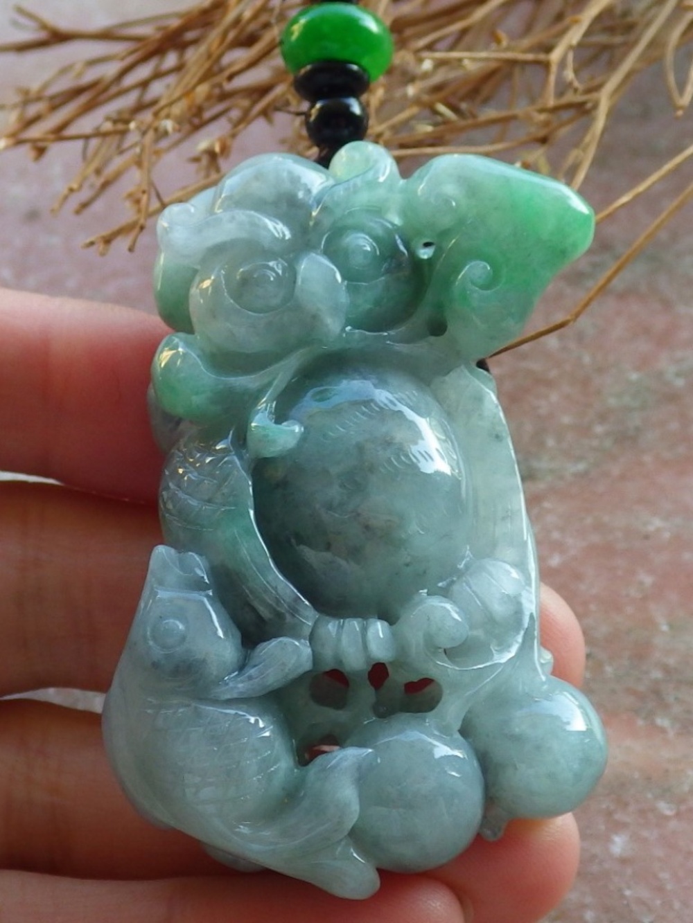 Certified Natural Burma Jade jadeite Owl Lotus Flower Fish Ruyi Pendant Necklace
